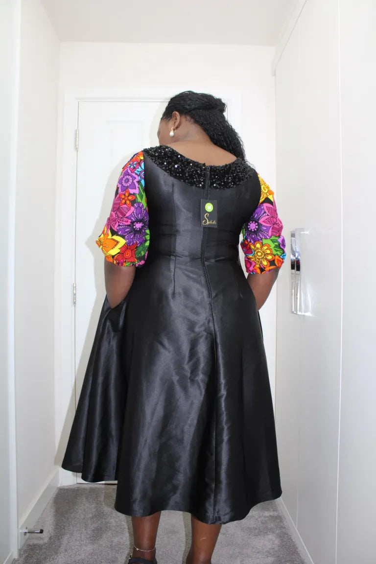 Mojoyin - Duchess Black Satin and Ankara dress