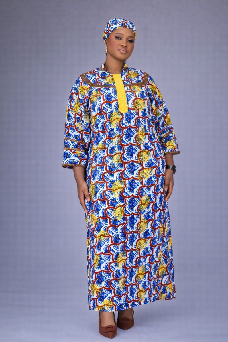FIIREWAMI Ankara Kaftan Dress with Beaded Neckline - elegant flowing kaftan in bold Ankara print
