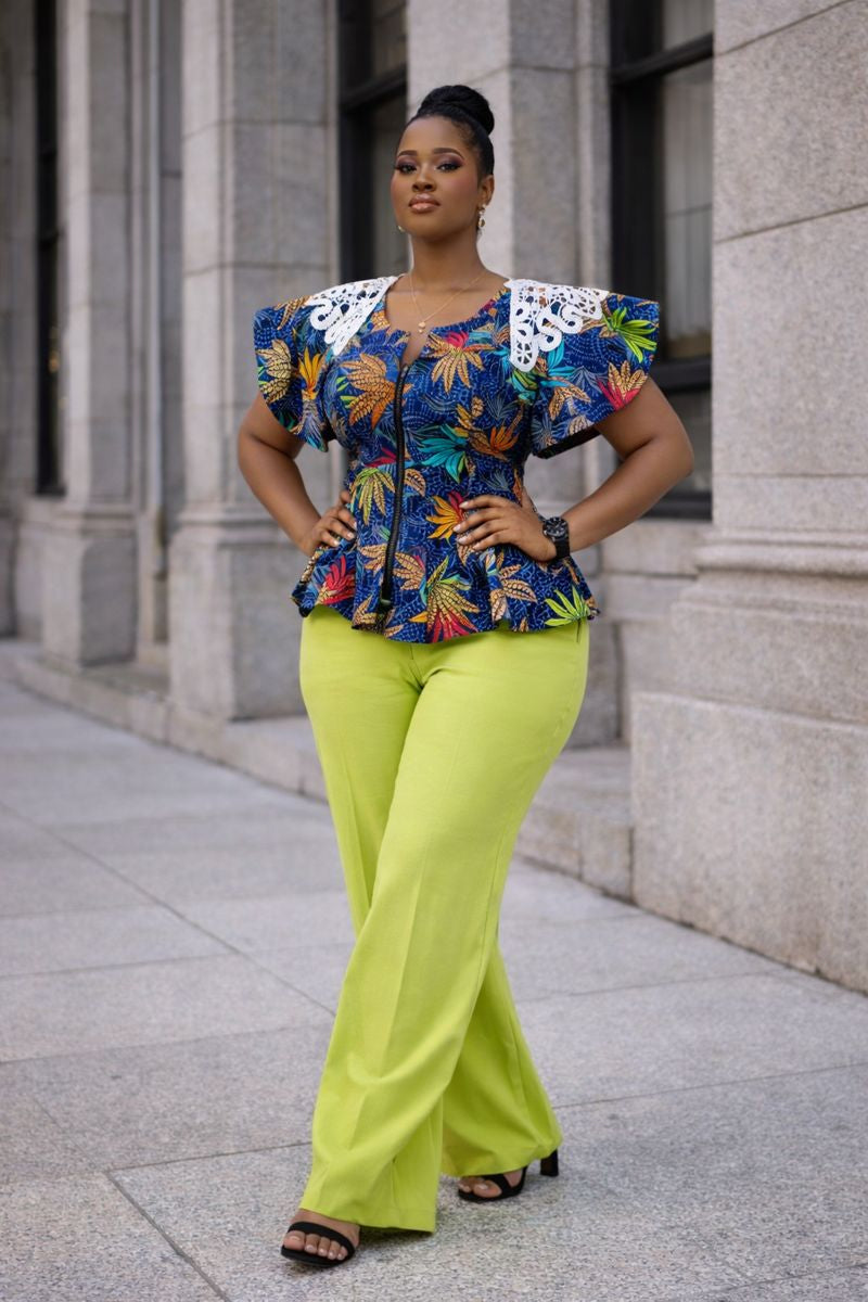 Adufe Ankara Blouse With Plain Crepe Pants - Lemon Pants