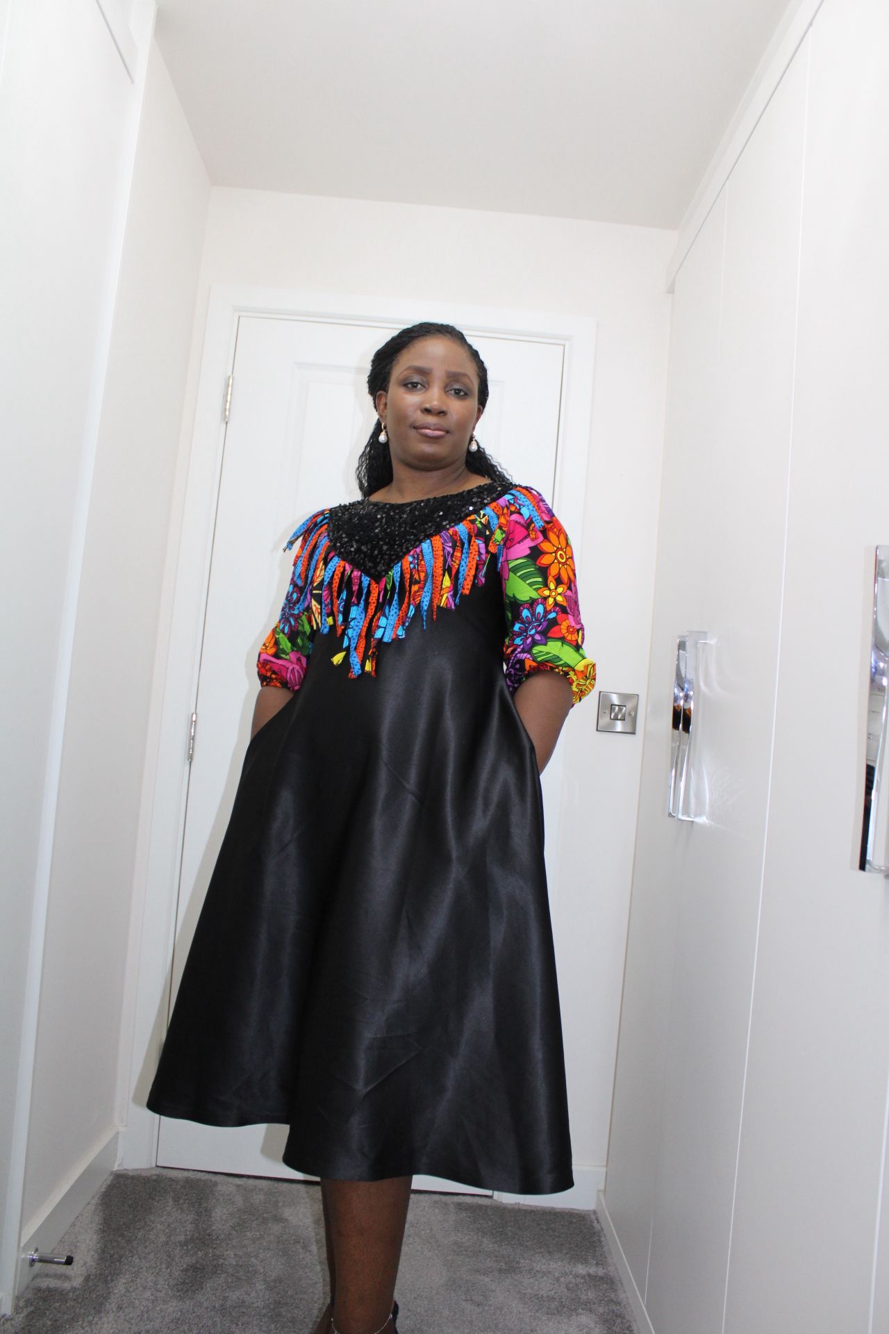 Mojoyin - Duchess Black Satin and Ankara dress