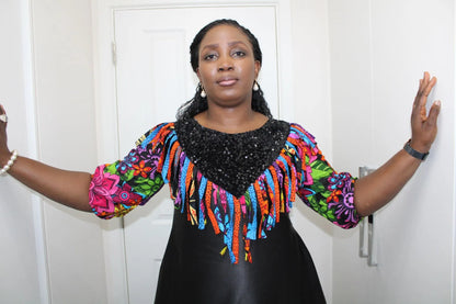 Mojoyin - Duchess Black Satin and Ankara dress