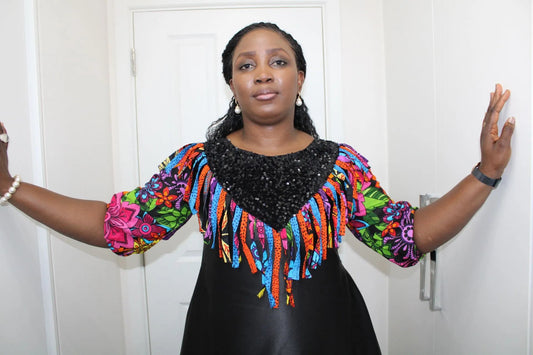 Mojoyin - Duchess Black Satin and Ankara dress