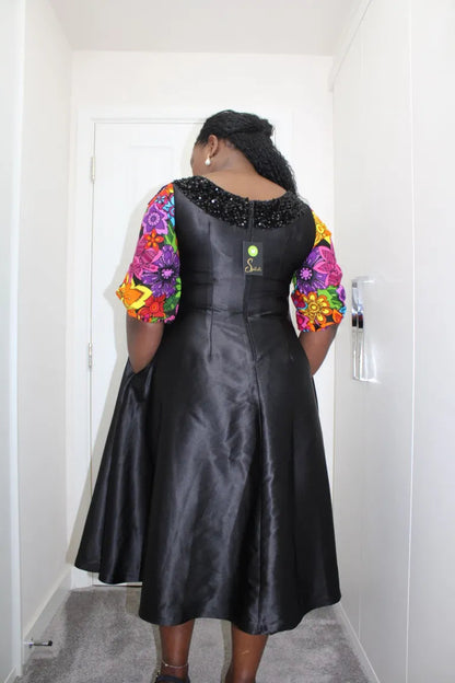 Mojoyin - Duchess Black Satin and Ankara dress