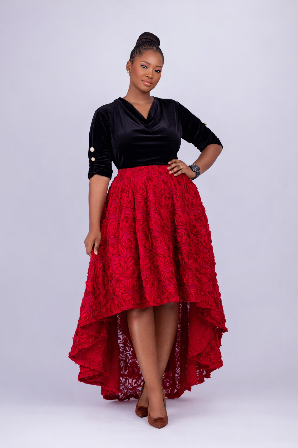 ENIOTO Roses Black velvet Midi dress - Wine