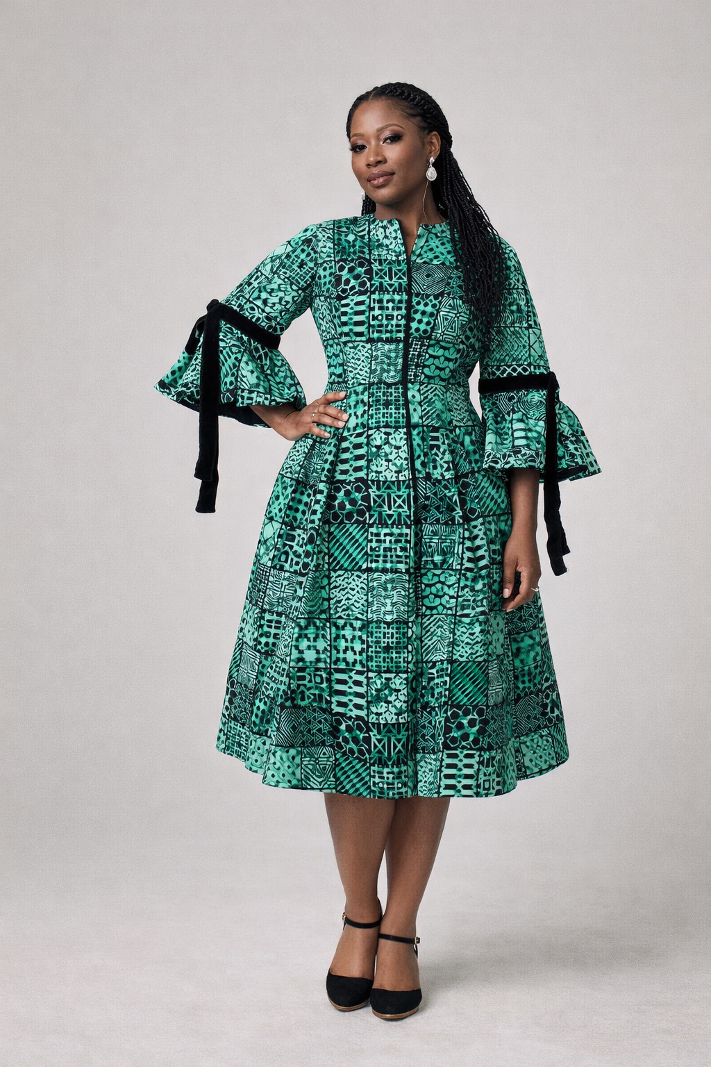 Aduke Ankara Midi Dress - Green Geometric