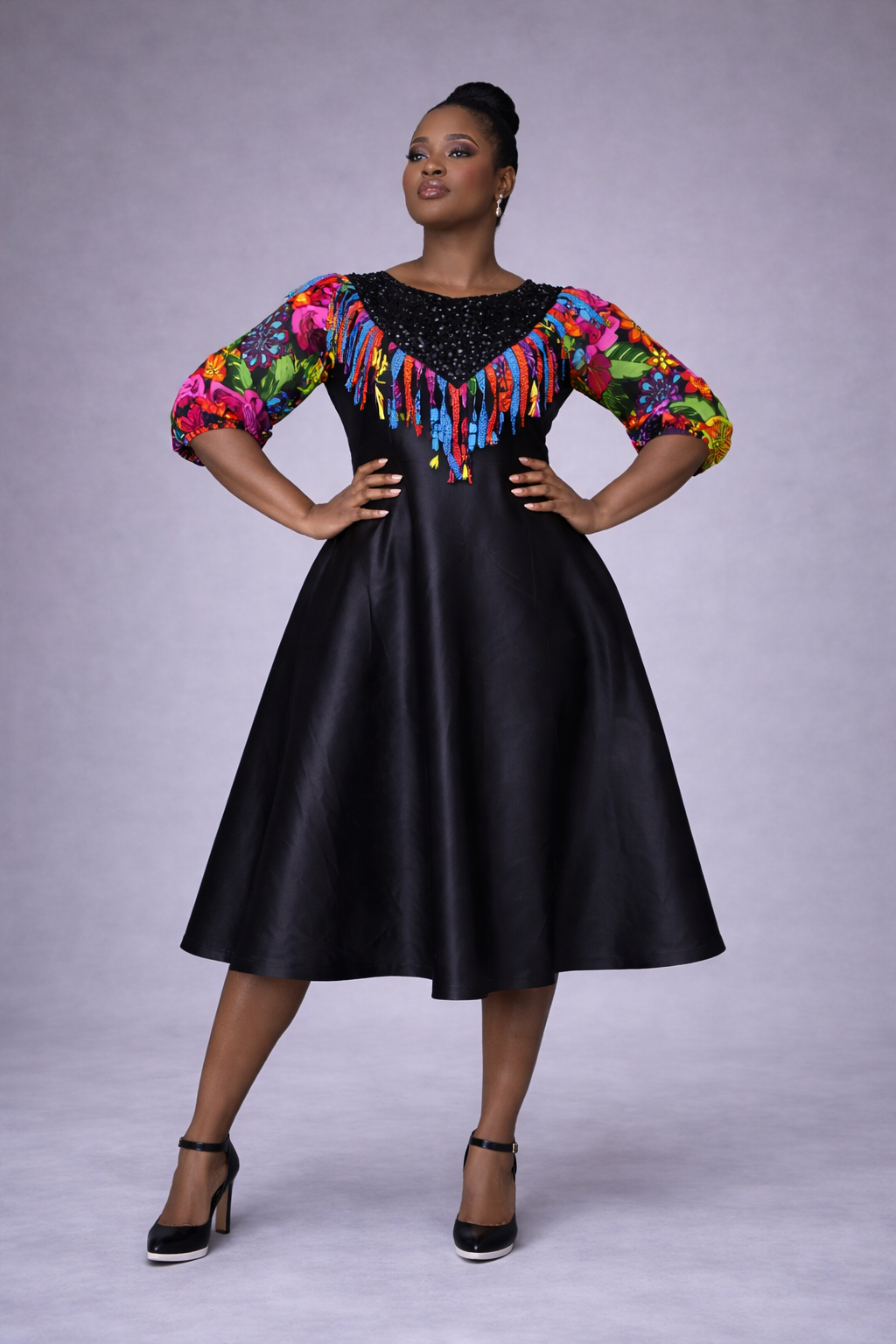 Mojoyin Duchess Dress - Black Satin Ankara