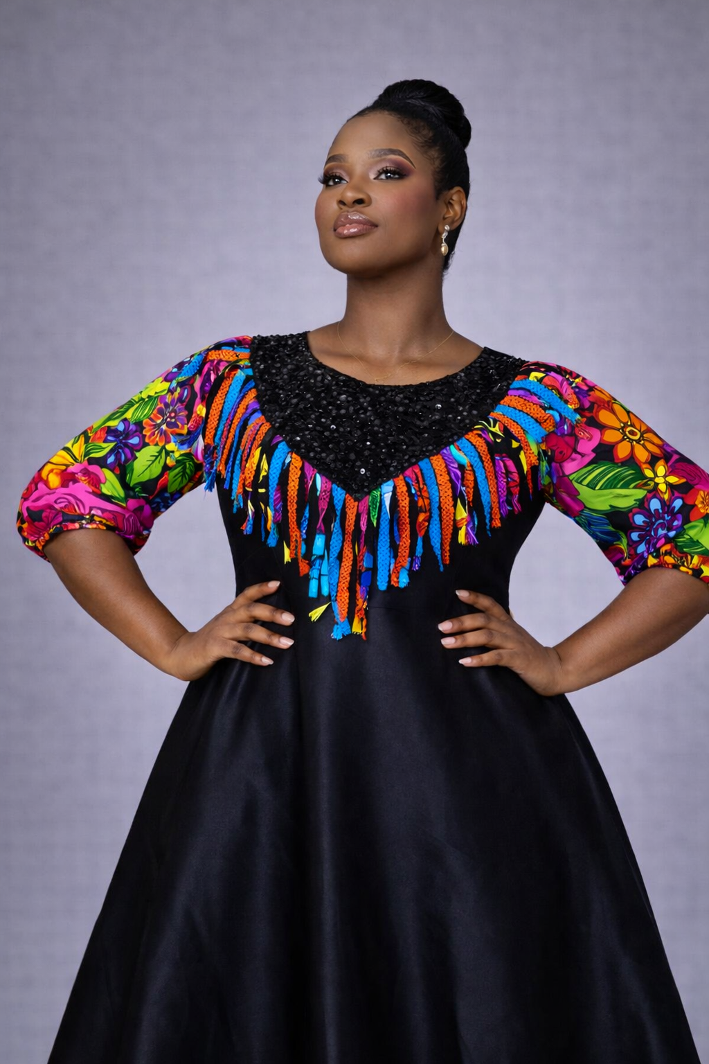 Mojoyin Duchess Dress - Black Satin Ankara