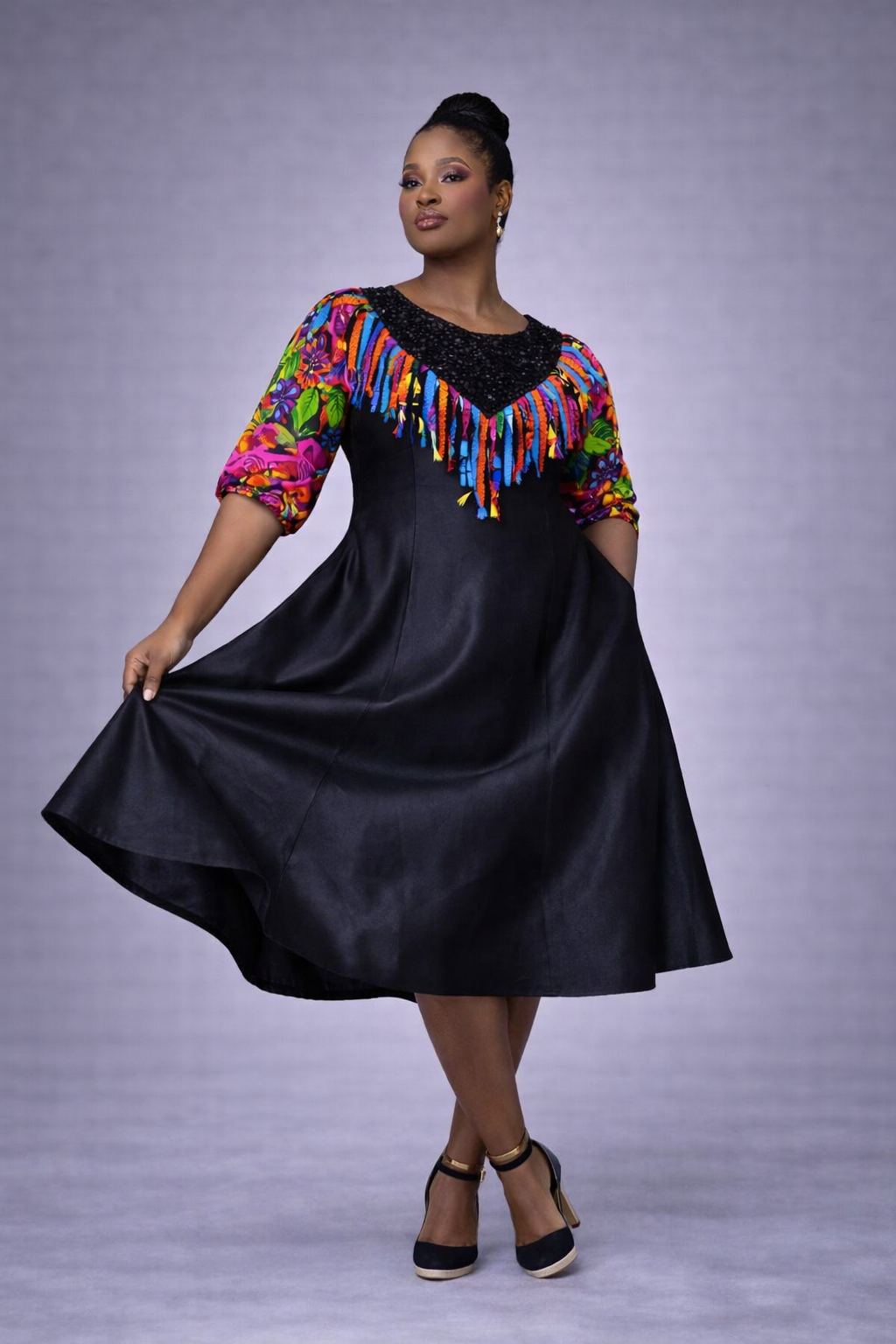 Mojoyin Duchess Dress - Black Satin Ankara