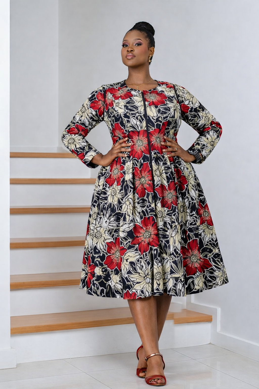 Adetoro Ankara Midi Flare Dress - Red