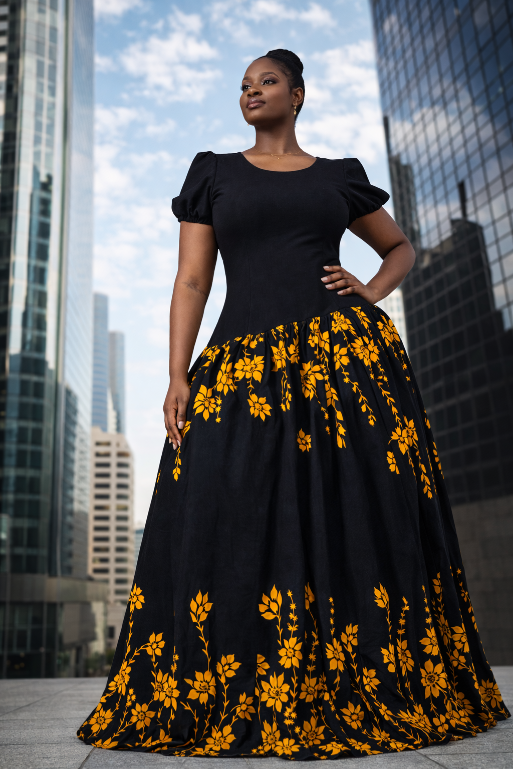 Ayomikun Plain Bodycon And Flowered Crepe Dress - Black