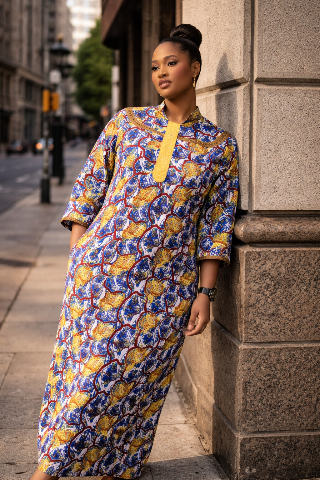 Fiirewami Ankara Kaftan Dress With Beaded Neckline - Yellow And Brown