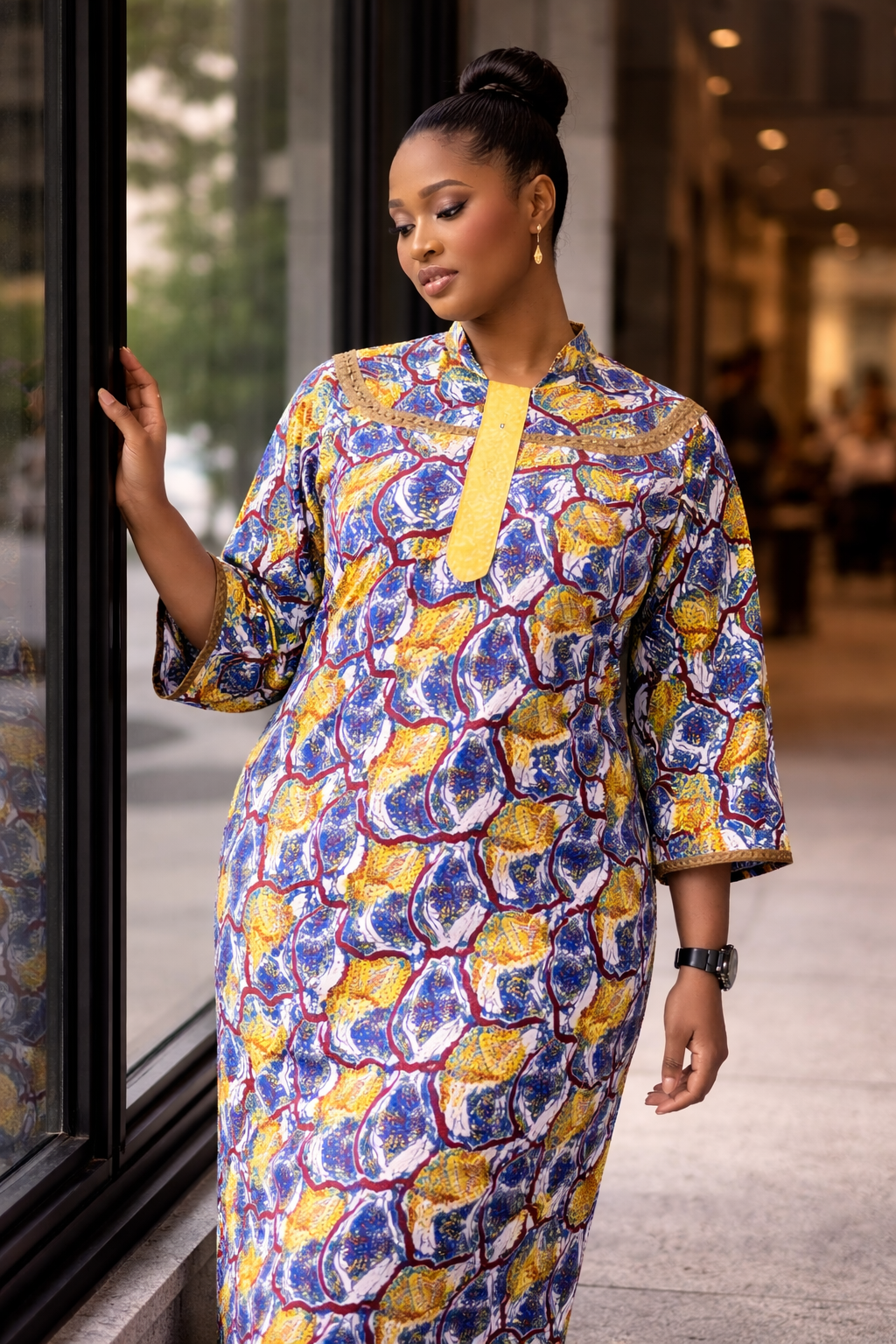 Fiirewami Ankara Kaftan Dress With Beaded Neckline - Yellow And Brown