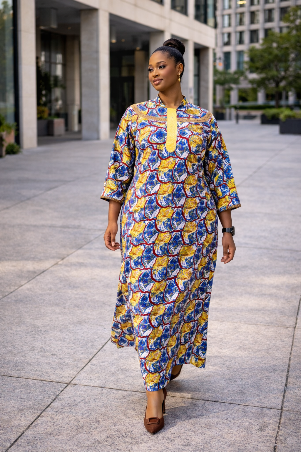 Fiirewami Ankara Kaftan Dress With Beaded Neckline - Yellow And Brown
