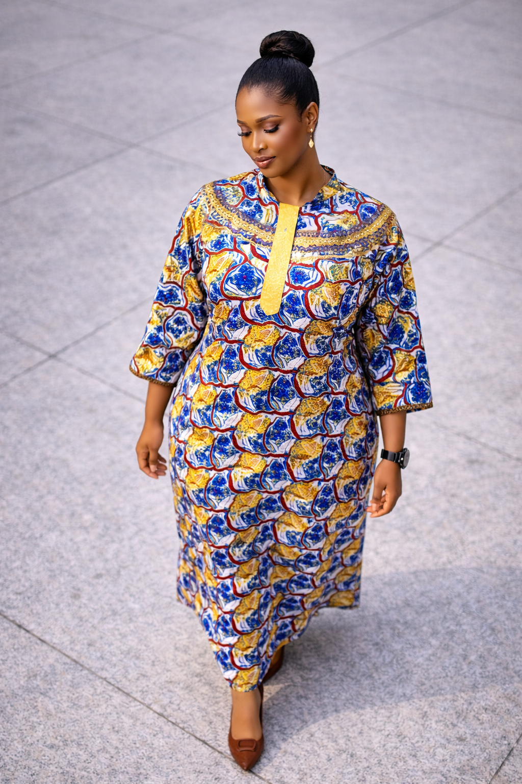 Fiirewami Ankara Kaftan Dress With Beaded Neckline - Yellow And Brown