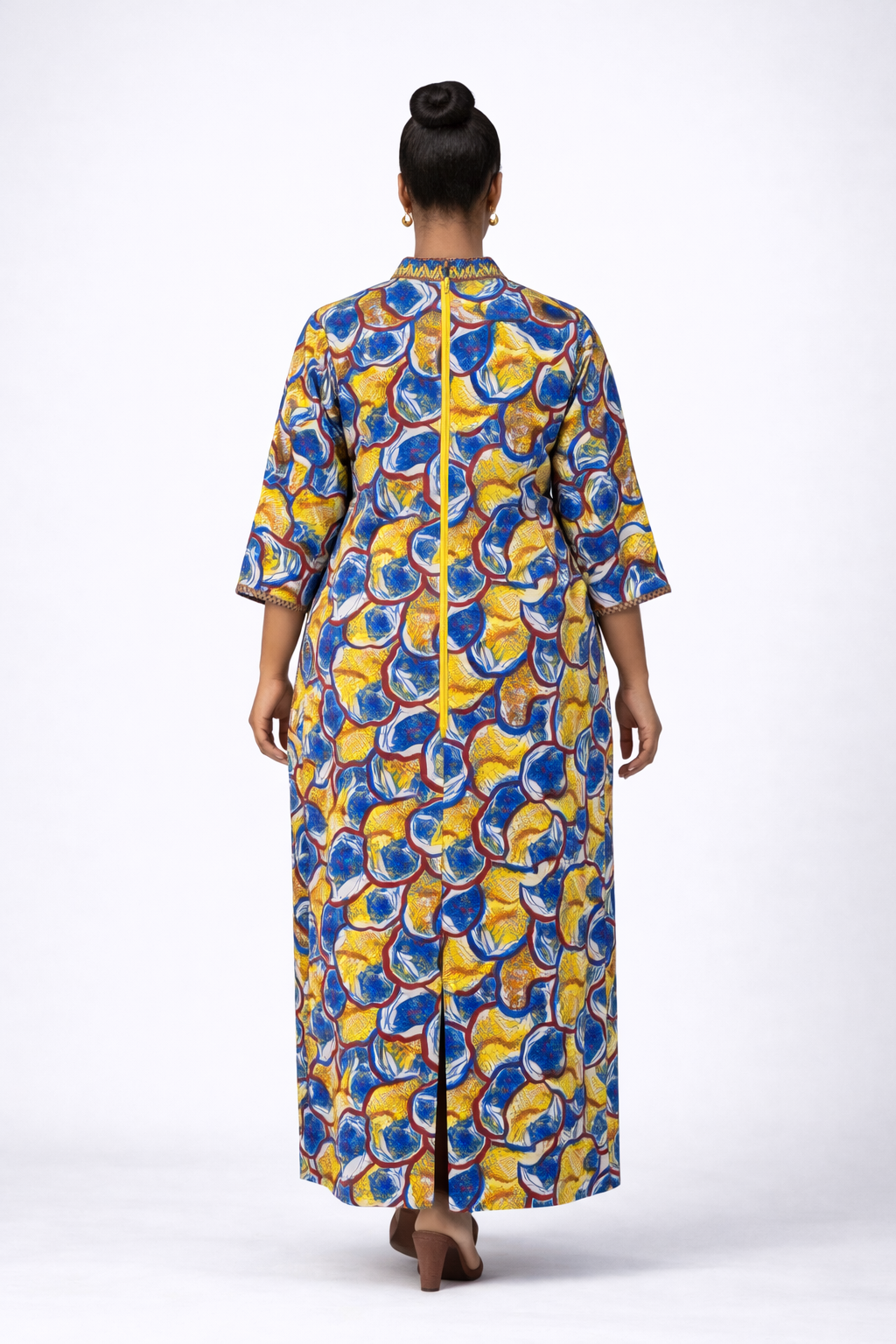 Fiirewami Ankara Kaftan Dress With Beaded Neckline - Yellow And Brown