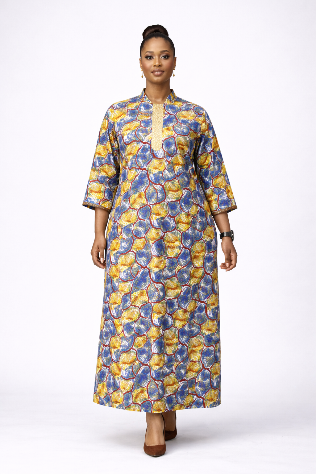 Fiirewami Ankara Kaftan Dress With Beaded Neckline - Yellow And Brown