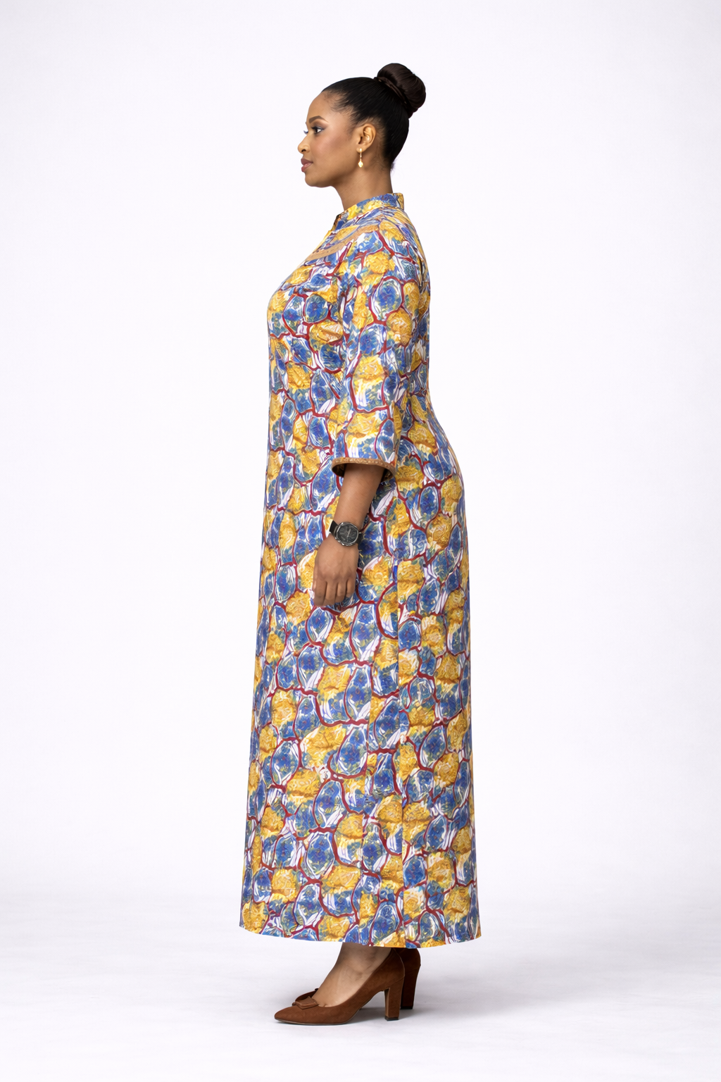 Fiirewami Ankara Kaftan Dress With Beaded Neckline - Yellow And Brown
