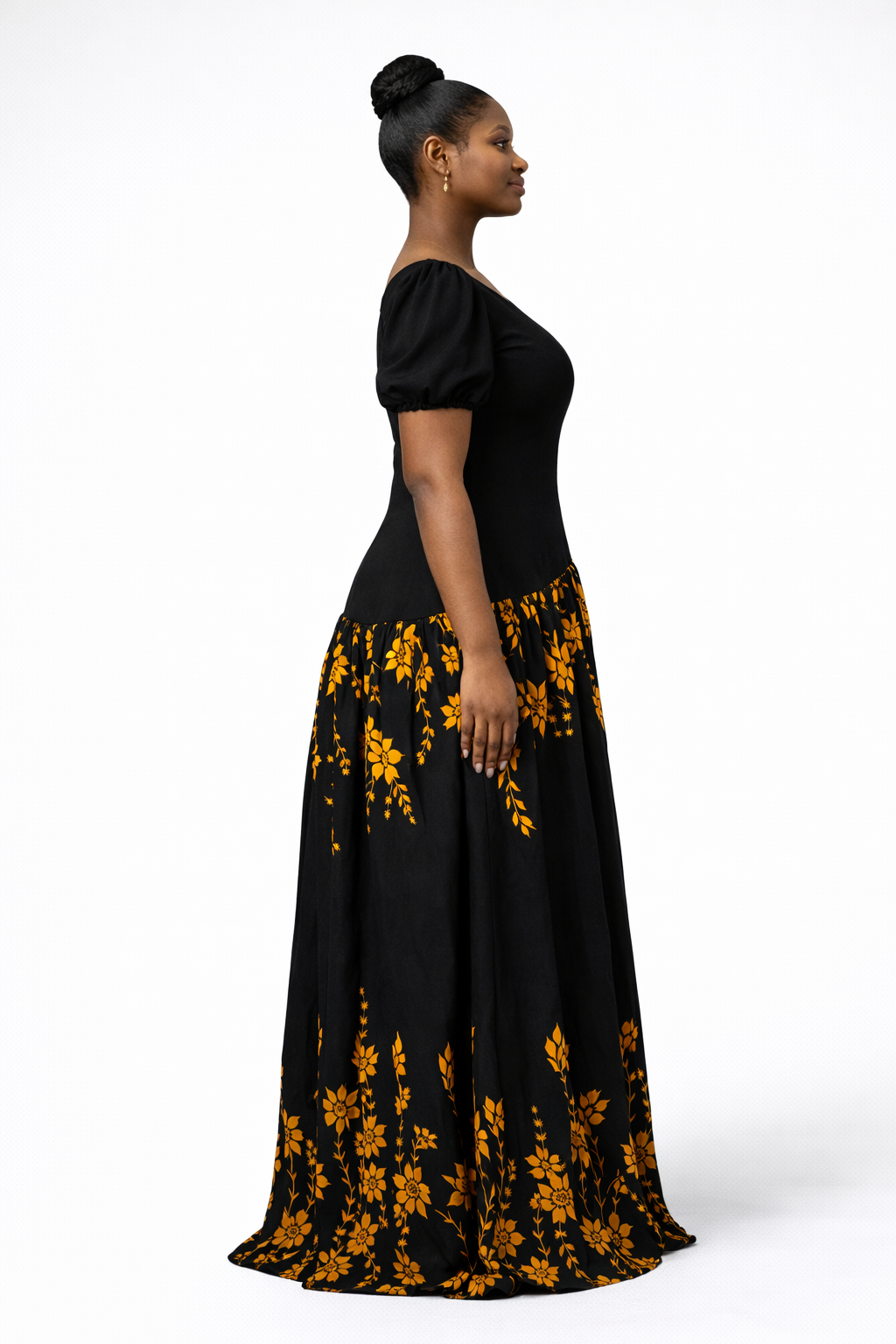 Ayomikun Plain Bodycon And Flowered Crepe Dress - Black