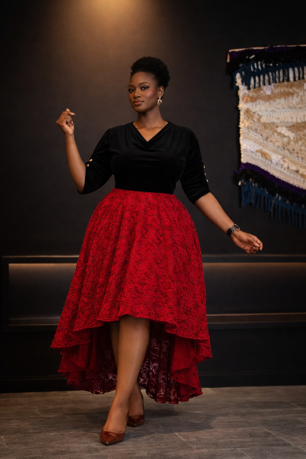 ENIOTO Roses Black velvet Midi dress - Wine