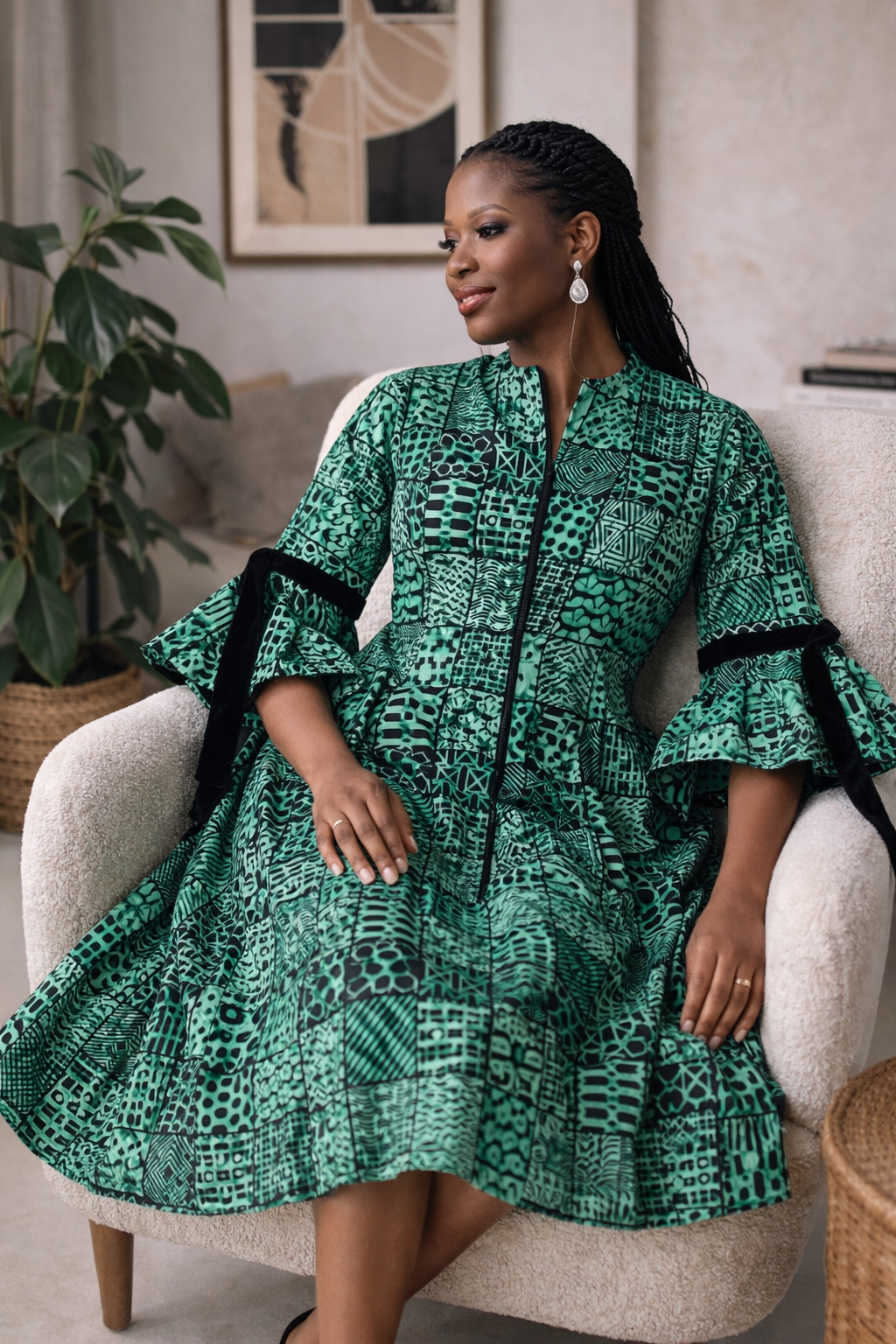 Aduke Ankara Midi Dress - Green Geometric