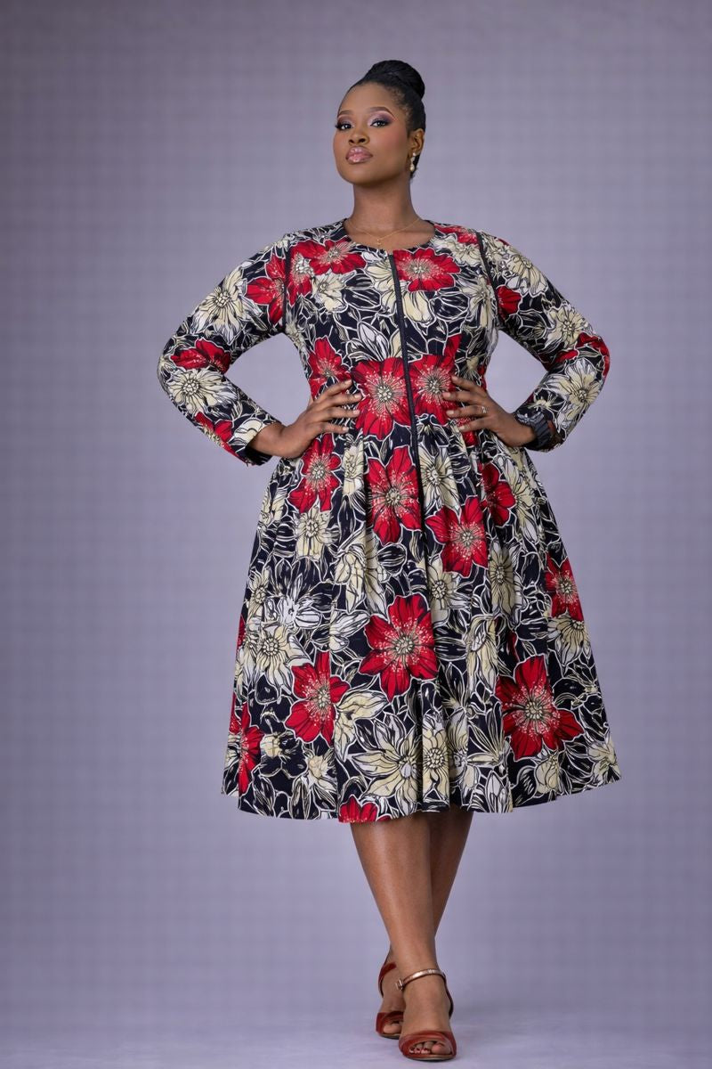 Adetoro Ankara Midi Flare Dress - Red