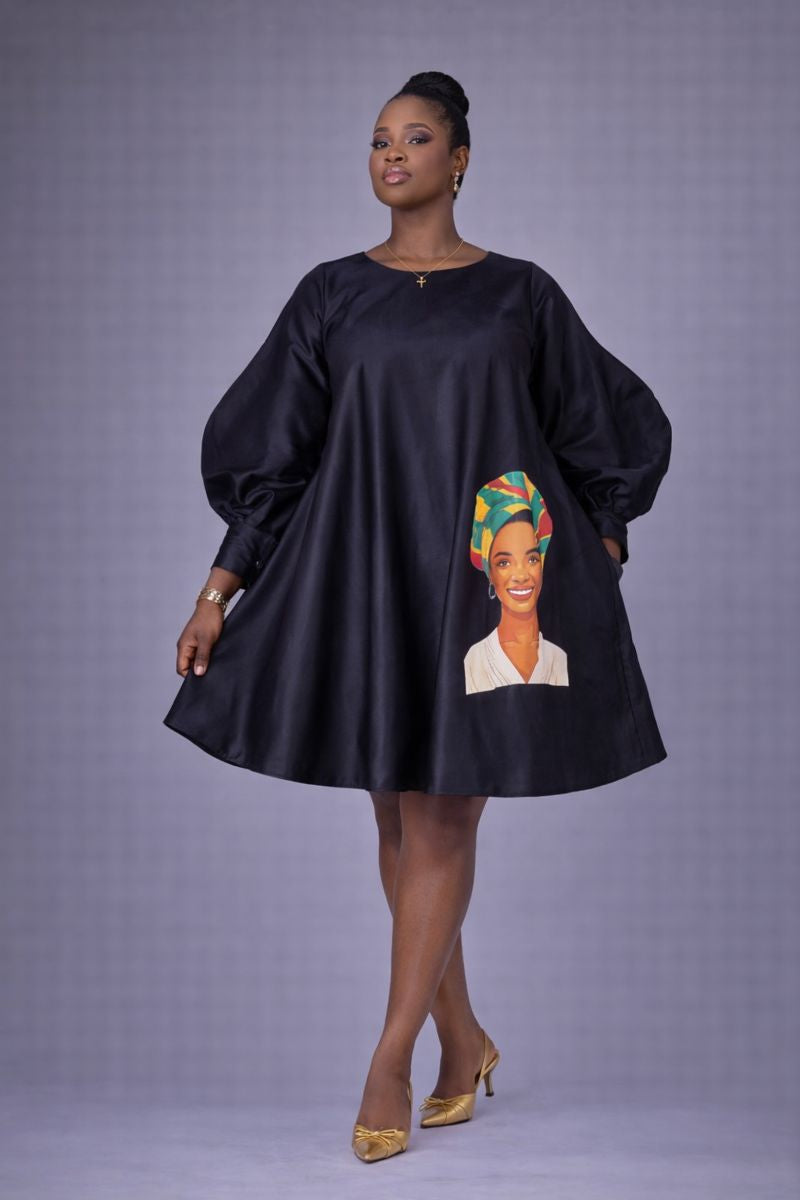BIBIIRE Satin A-Line Dress in Black with artistic print detail