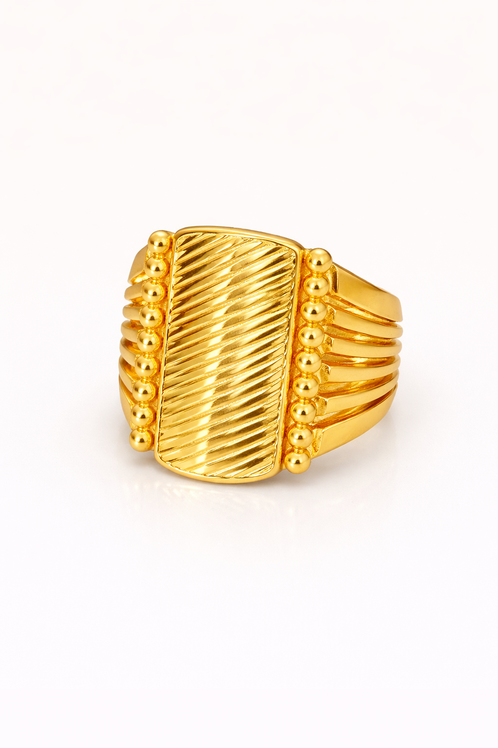 SPLNDR Herringbone Pattern Gold Ring - Pure gold statement ring with iconic diagonal ridges and beaded accents