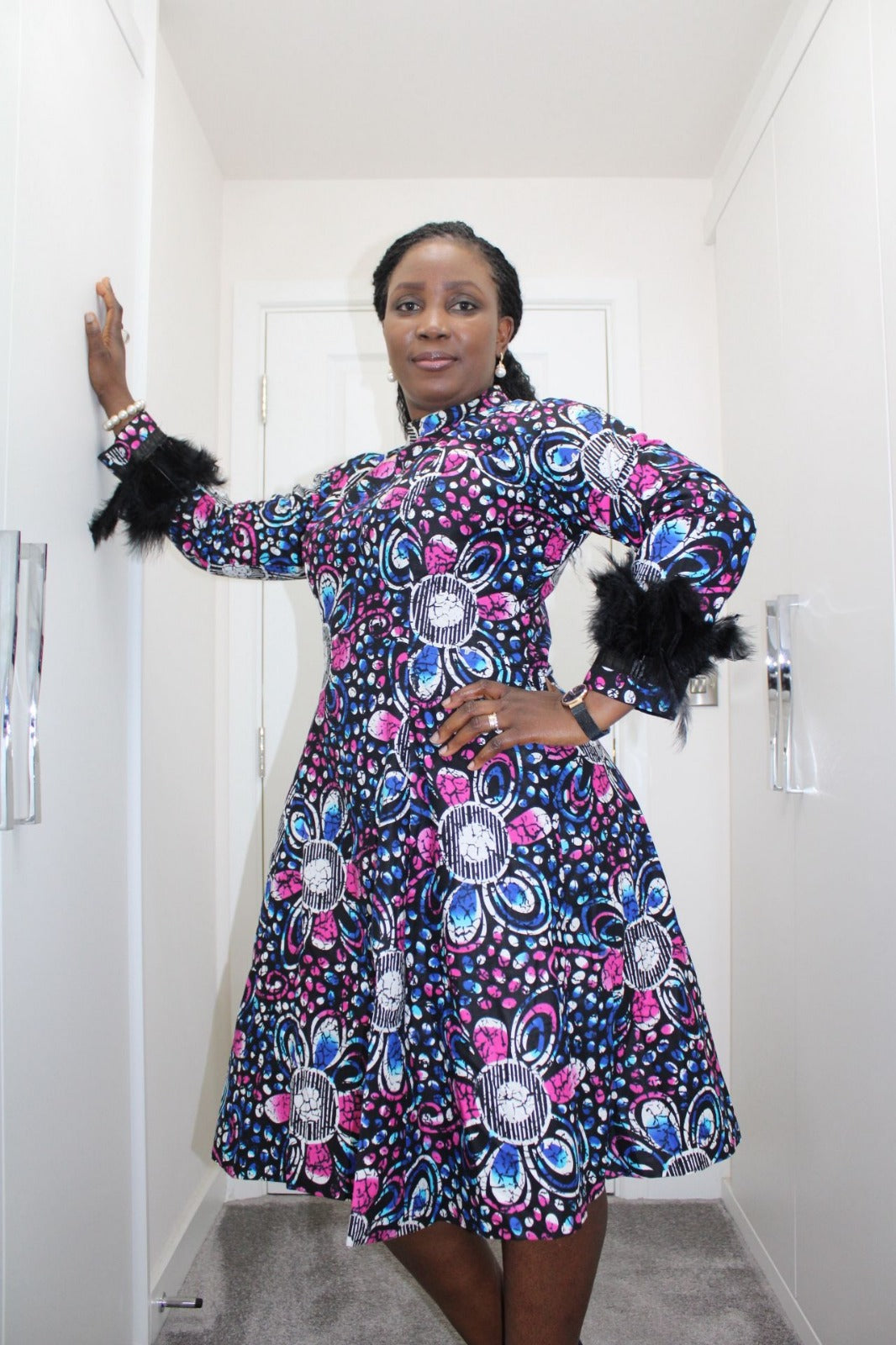 Okin - High neck Elegant Midi Ankara Dress with feathered sleeves