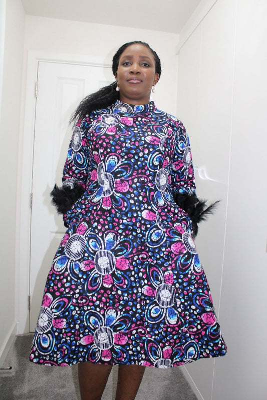 Okin - High neck Elegant Midi Ankara Dress with feathered sleeves