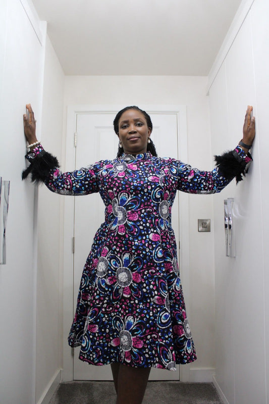 Okin - High neck Elegant Midi Ankara Dress with feathered sleeves